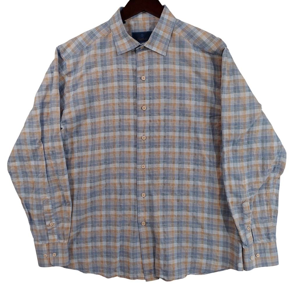 David Donahue Button Up Shirt Mens L Blue Tan Plaid Linen Cotton Long Sleeve